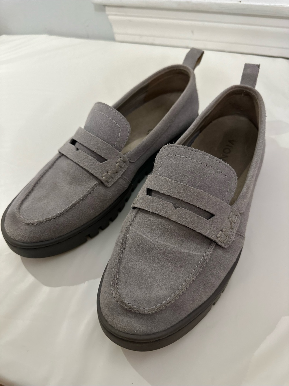 Women’s Suede Penny Loafers in Light Gray - Classic Slip-On size 7